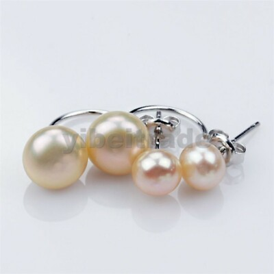 #ad Women 925 Silver pink 8 10mm freshwater Cultured double Pearl Earrings