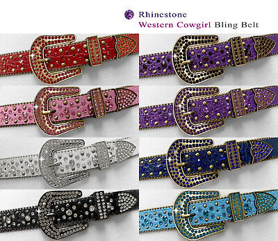 #ad 35158 Rhinestone Belts Western Bling Crystal Studded Leather Belt 1 3 8quot; wide