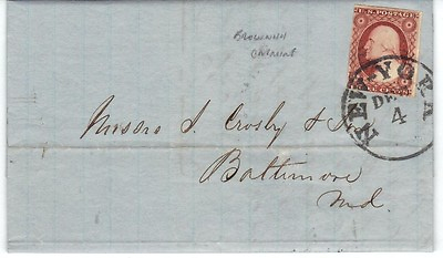 #ad U.S. 1856 N.Y. FRANKED Sc. #11 BROWNISH RED TYPE I TO BALITMORE MD FOLDED LETTER