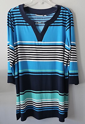 #ad Susan Graver Liquid Knit Keyhole Long Tunic Top Womens Size XL Green Blue Stripe