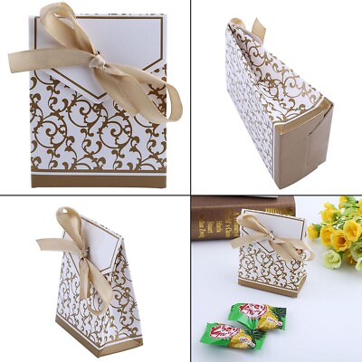 #ad 10PCS Sweet Wedding Party Favor Ribbon Gift Bags Candy Paper Boxes Gloden