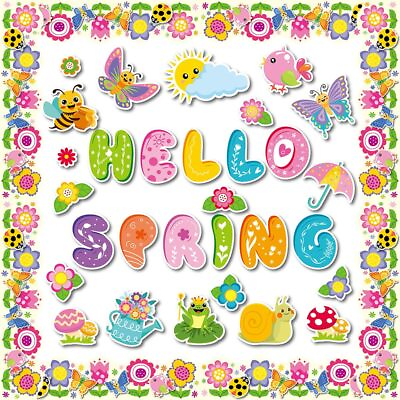 #ad 70 Pcs Hello Spring Bulletin Board Decorations Spring Flowers Butterflies Cutout