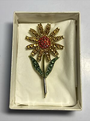 #ad Daisy Flower Multi Color Rhinestone Brooch Pin Vintage Set In Silvertone