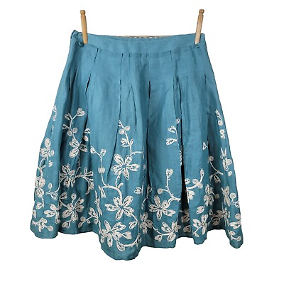 #ad Talbots Linen Floral Embroidered Skirt Size 4 Cottagecore Pleated Flare Blue