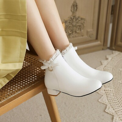 #ad Women#x27;s Low Heel Shoe Casual Motor Bowknot Wedding Bridal Ankle Boots Girls