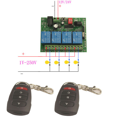 #ad RF Wireless Switch Relay 12V 24V 4 CH Remote Control Switch Receiver 315 433MHz