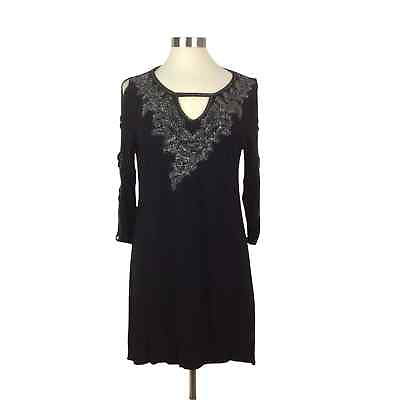 #ad Joyous amp; Free L Black Knit Beaded Tunic Open Sleeve Cocktail Tunic Dress LBD