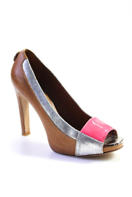 #ad Tory Burch Womens Block Heel Metallic Trim Peep Toe Pumps Brown Leather Size 6.5
