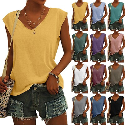 #ad Women#x27;s V Neck T Shirt Casual Cap Sleeve Vest Solid Loose Blouse Fit Tank Tops1