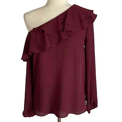 #ad MAETTE Maroon Red Ruffle Trim One Shoulder Blouse Size XS Business Casual
