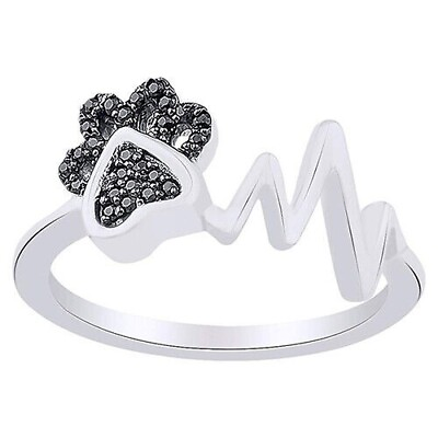 #ad 1 10 Cttw Paw amp; Heartbeat Ring Black Spinel 14K White Gold Plated Genuine Silver