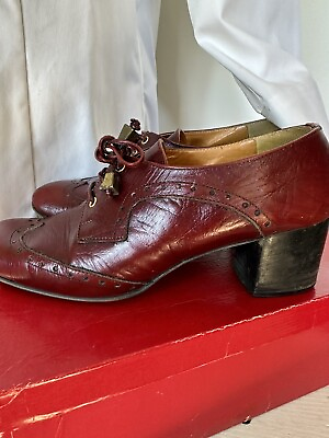 #ad Eiteen Aigner style 731 8 Rugs Calf Sig Vintage Block Heeled Lace Front Shoe 7.5