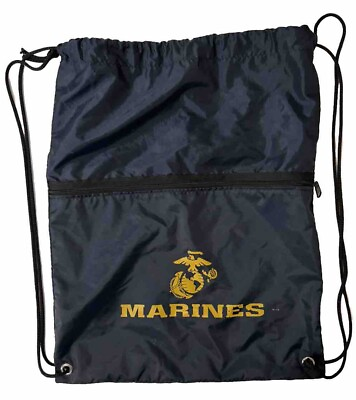 #ad US Marines Backpack Navy Blue Zippered Drawstring Compartment Nylon Military