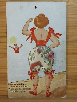 #ad #ad Rare 1908 Pincushion WOMAN AT BEACH Fabric Bathing Suit Sachet RISQUE Needle Pin