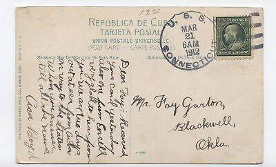 #ad 1912 USS Connecticut 4 bar on cuban postcard to Oklahoma y7886
