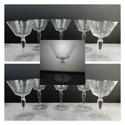 #ad Set of 5 Flower Ornate Etched Old Crystal Champagne Sherbet 6oz Glasses