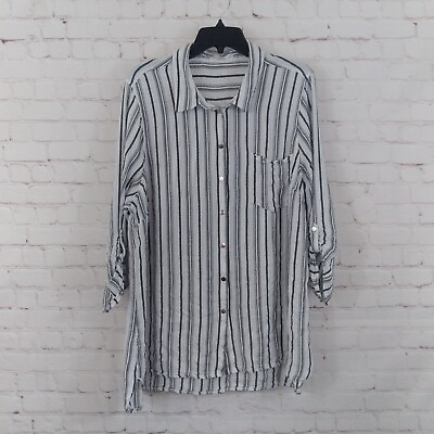 #ad 89th Madison Top Womens 2X White Black Striped 3 4 Sleeve Roll Tab Button Up