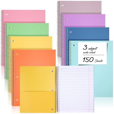 #ad 8 Pcs 3 Subject Spiral Notebook Wide Ruled Notebook 8 x 10 1 2 Inch Spiral Jo...