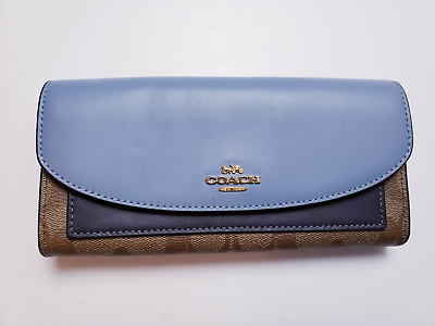 #ad Coach New York Wallet Slim Envelope Leather Colorblock Blue Tan F56494