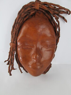 #ad Leather Sculptured Girls Face Wall Art Hanging Mask Brown Ethnic Twisted Hair 3D
