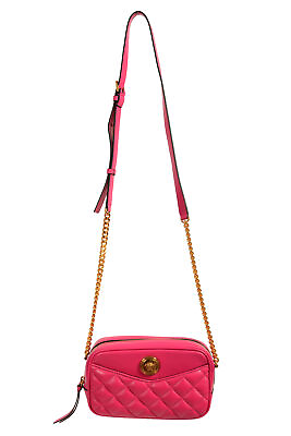 #ad Versace Women#x27;s Pink Quilted Leather Small Camera Bag Crossbody Shoulder Bag