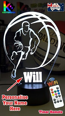 #ad BASKETBALL PLAYER NBA 3D PERSONALISED NAME LED NIGHT LIGHT 7 COLOURS REMOTE