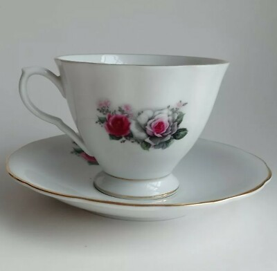 #ad China Pattern Pink White Roses Scalloped Gold 2 Cups 1 Saucer quot;CX839 by Chinaquot;
