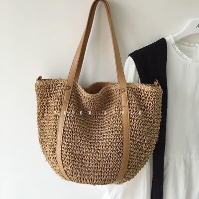 #ad Retro woven straw bag holiday style beach bag trendy large capacity bucket bag