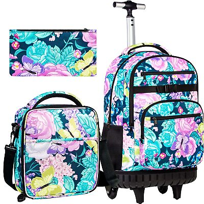 #ad Rolling Backpack for Girls 21 Inch Water Resistant Flowers Butterfly Bookbag...
