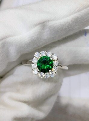 #ad Round Lab Created Green Emerald Diamond Women#x27;s Ring 14k White Gold Plated