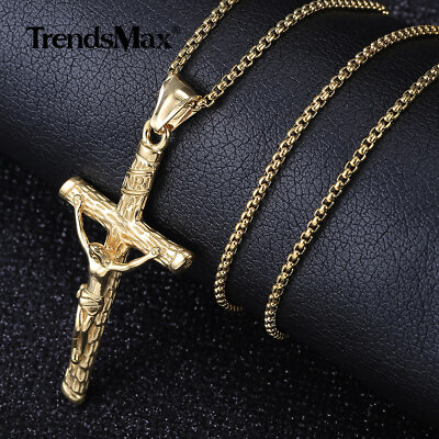 Gold Plated Stainless Steel Jesus Christ Crucifix Cross Pendant Necklace Chain