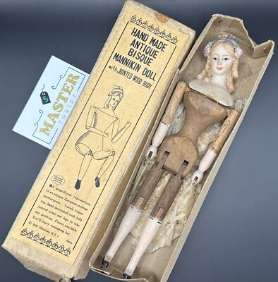 #ad Handmade Repro Antique Bisque Head Mannequin Doll Jointed Wood Body 1973 w Box