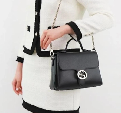 #ad New Gucci GG Interlocking Black Leather Chain Medium Shoulder Bag 510302