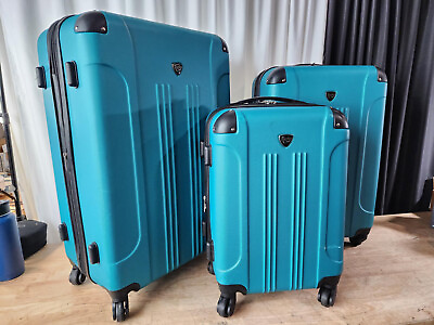 #ad 3 PIECE TEAL Hardsided Travelers Club Sky Luggage Set Carryon Checked
