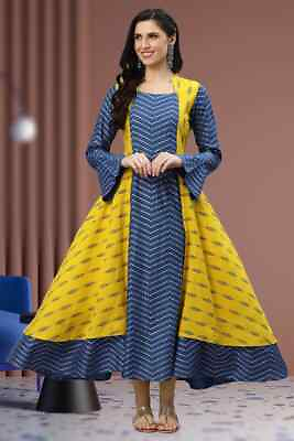 #ad Indian Women Multi Rayon Geometric Printed Anarkali Kurta Kurti Style New Dress