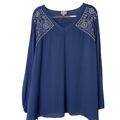 #ad Avenue Womens Tunic Size 26 Blue Embroidered Sleeve Long Sleeve Top NWOT