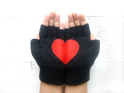 #ad Artist Handmade Womens Kids Knit Fingerless Black GLOVES RED HEART