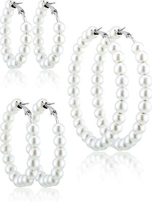 #ad Big Pearl Hoop Earrings Pearl Earrings for Women Girl Brides Gift Silver Earring