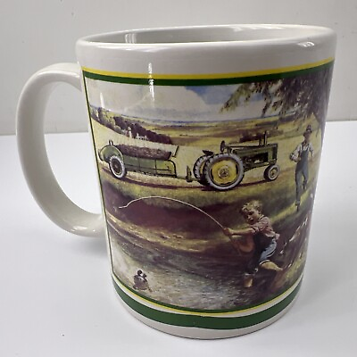 #ad JOHN DEERE MOLINE ILL Coffee Tea Mug Cup Tractor Boy Dog Fishing Farmer