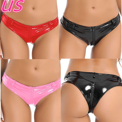 #ad US Women Shiny Metallic Low Rise Briefs Micro Panties Zipper Crotch Underwear