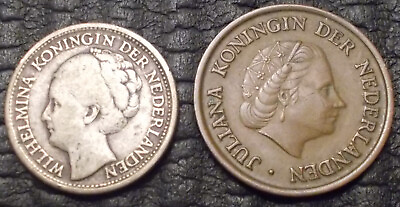 #ad 2 Coins Netherlands Curacao 1944 1 4 Gulden 64% Silver amp; Netherlands 1952 5 Cent