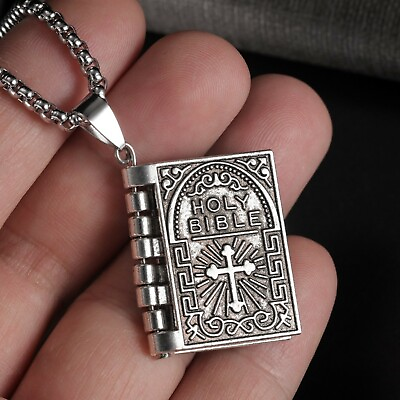 Vintage Silver Cross Bible Book Pendant Necklace Unique Jewelry For Men Women