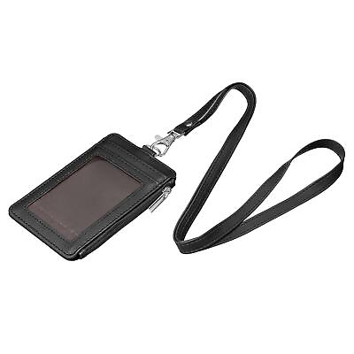 #ad Vertical PU ID Badge Holder with PU Lanyard 5 Card Slots Zipper Wallet Black