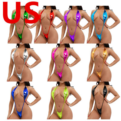 #ad US Women#x27;s Swimsuit Shiny Micro Bikini Three Point Monokini Metallic Halterneck