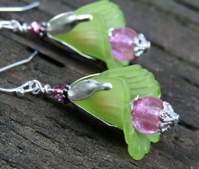 #ad Ladies Green Flower Acrylic Silver Dangle Earrings Floral Fashion Handmade