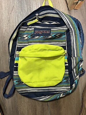 #ad Jansport School Backpack Book Bag Aztec Multicolored 2 Zipper Compartments Neon