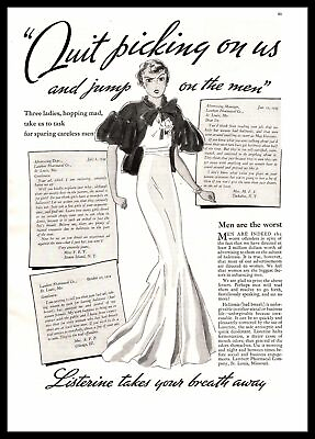 #ad 1935 Listerine Bad Breath quot;Quit Picking On Us amp; Jump On The Men quot; Dress Print Ad