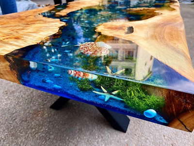 #ad Custom Made Blue Epoxy Dining Table with Shells Resin River Coffee Side Table