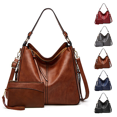 2Pcs Womens Hobo Handbag Tote PU Leather Lady Large Croosbody Shoulder Bag Purse
