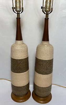 #ad Vintage Pair of Mid Century Ceramic amp; Wood Table Lamps Textured 35.5quot;H Pink